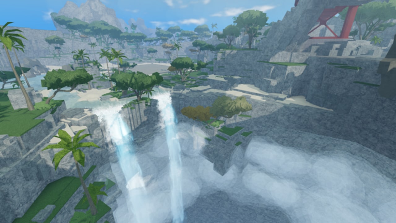 Strikeborn battleground map with stone cliffs, twin waterfalls, palms, and a red shrine roof